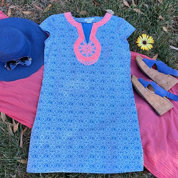 🐳 VINEYARD VINES; Pretty Chambray/Neon Orange Linen/Cotton Dress; Misses Size 2 - Picture 2 of 12